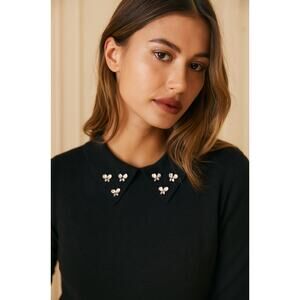 Anthropologie L Cynthia Rowley Jeweled Peter Pan Collar Wool Sweater Top Black